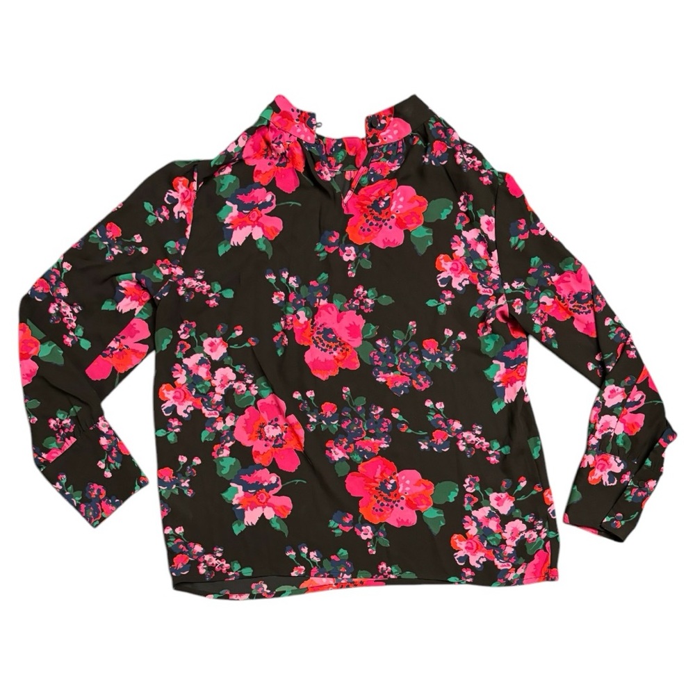 J. Crew Long Sleeve Black & Pink Floral Sheer Mockneck Top
